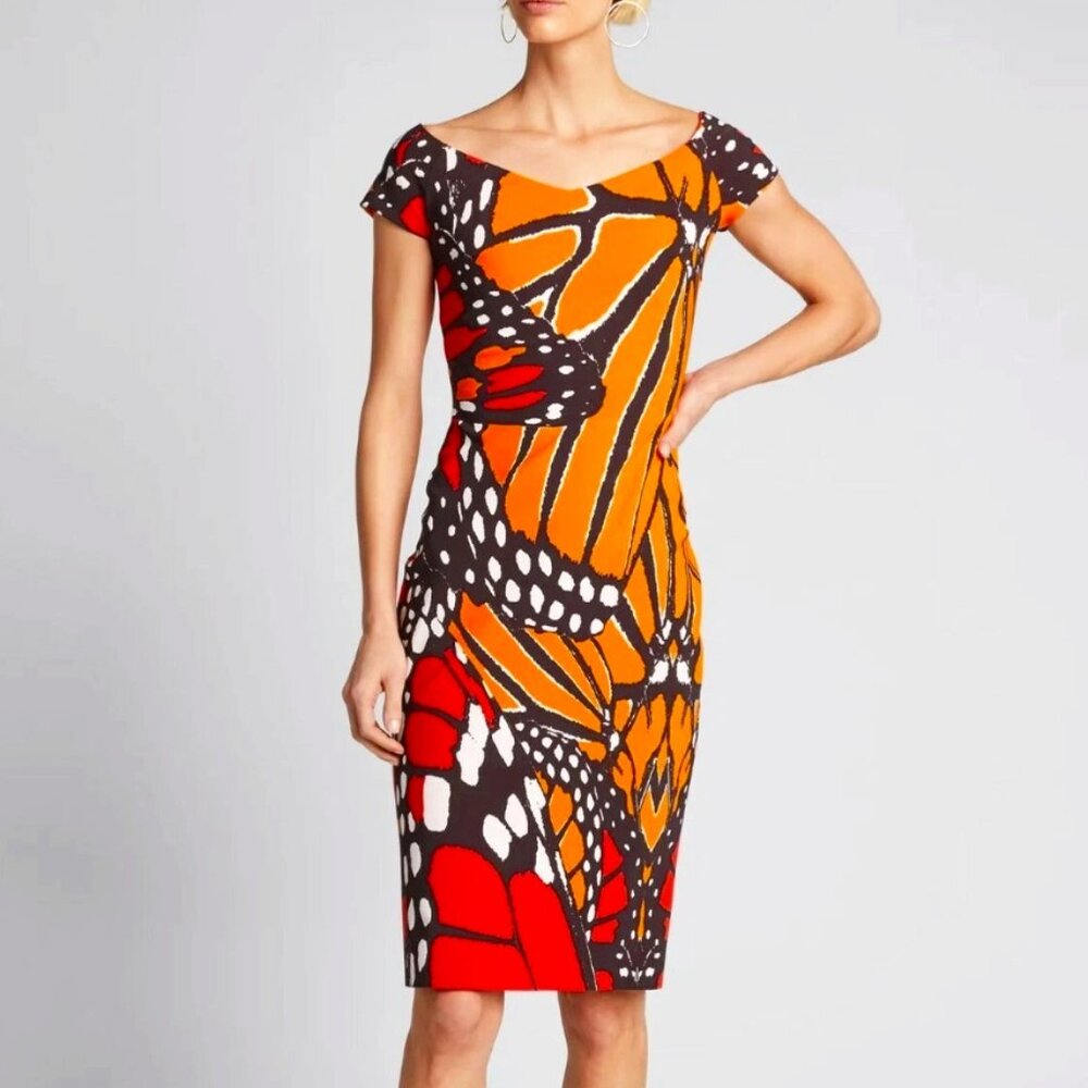 $695 CHIARA BONI LA PETITE ROBE Sally Cap-Sleeve Butterfly Bodycon Dress 48/12